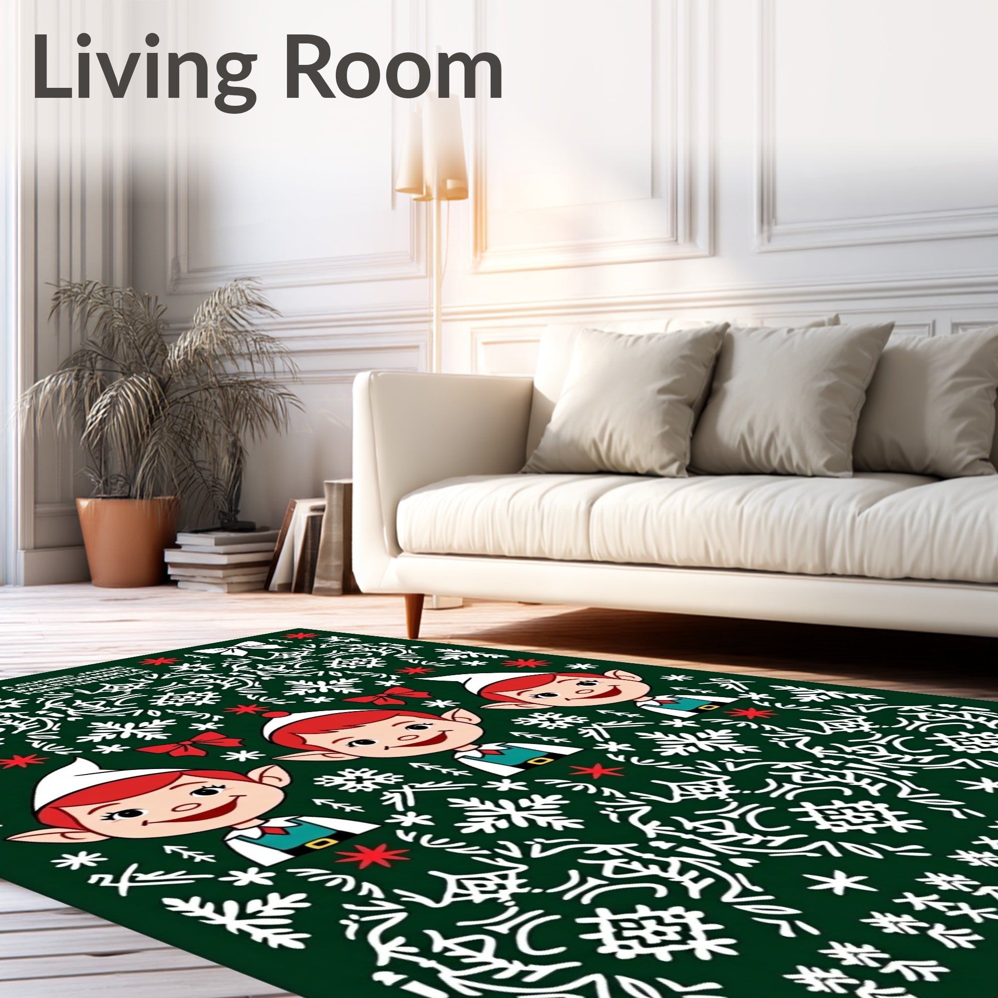Green White Elves Snowflake Christmas Rug