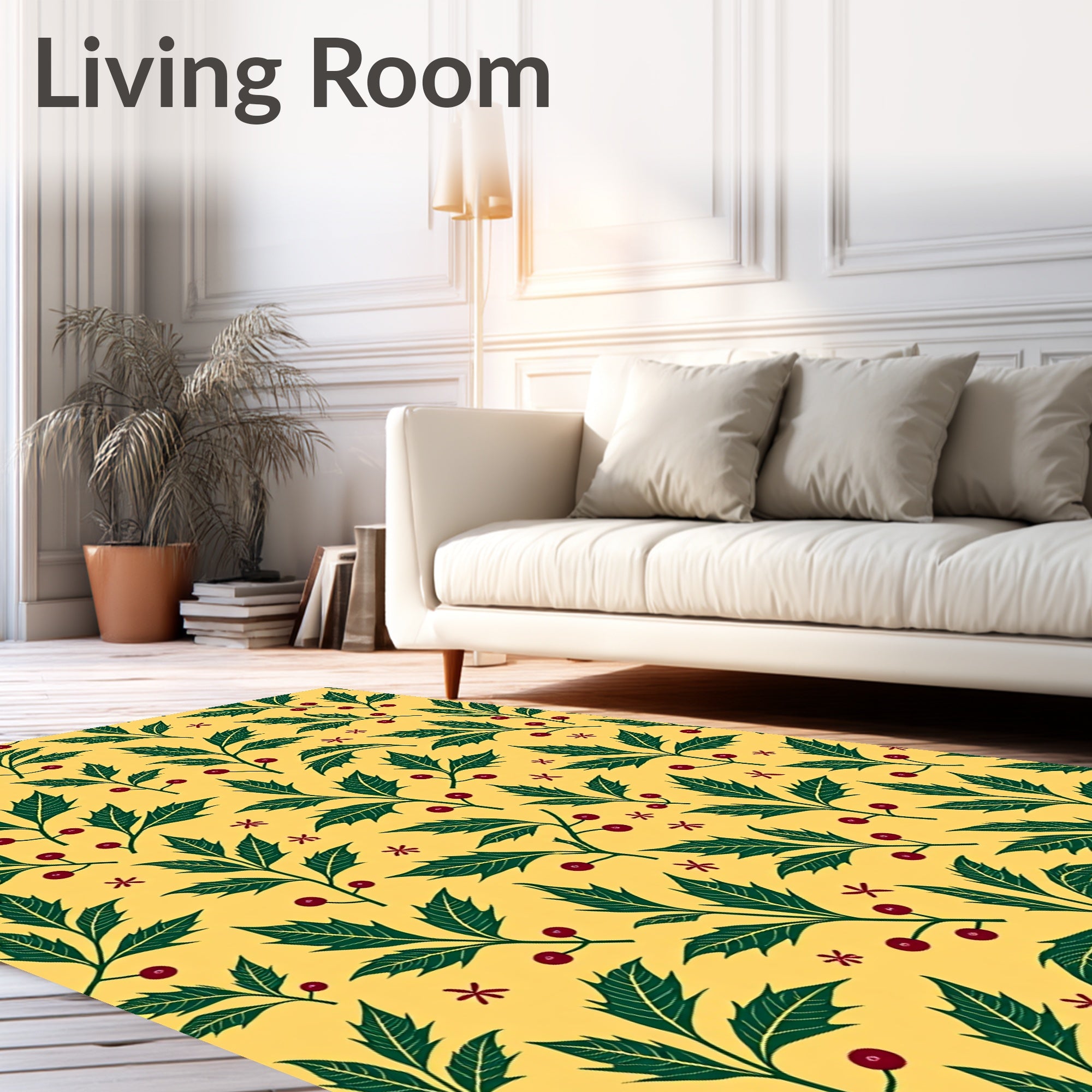 Green Holly Berry Christmas Yellow Rug