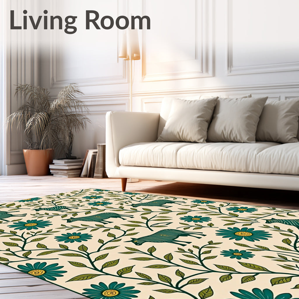 Teal Zebra Flowers Cream Background Rug