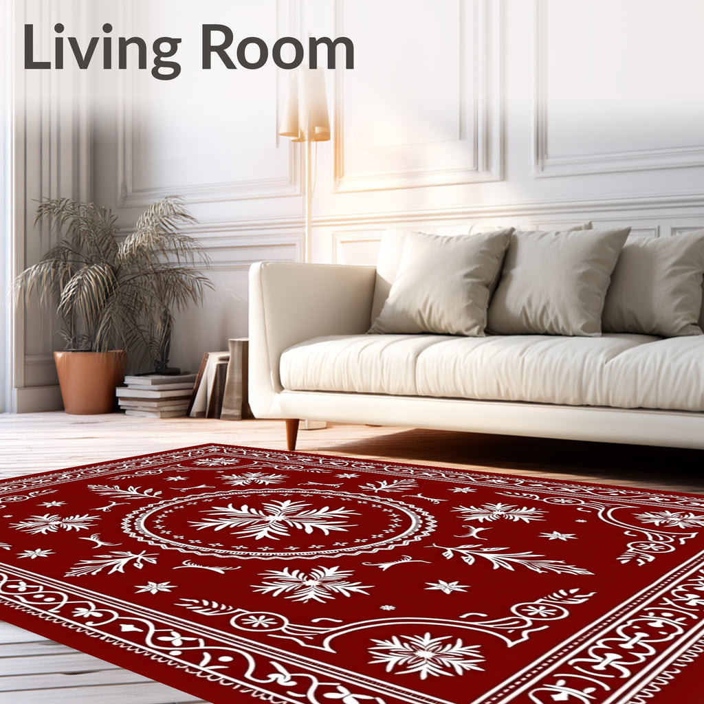 Crimson White Floral Laurel Border Rug