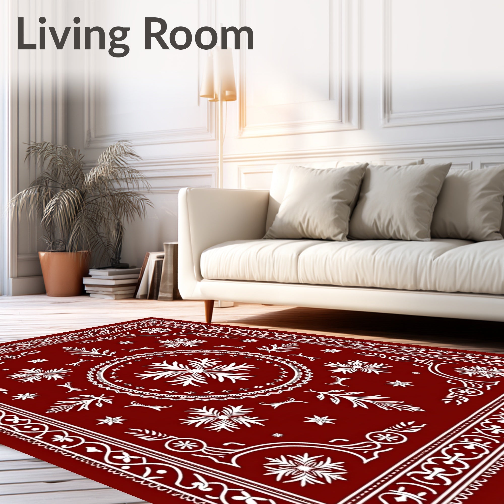 Crimson White Floral Laurel Border Rug