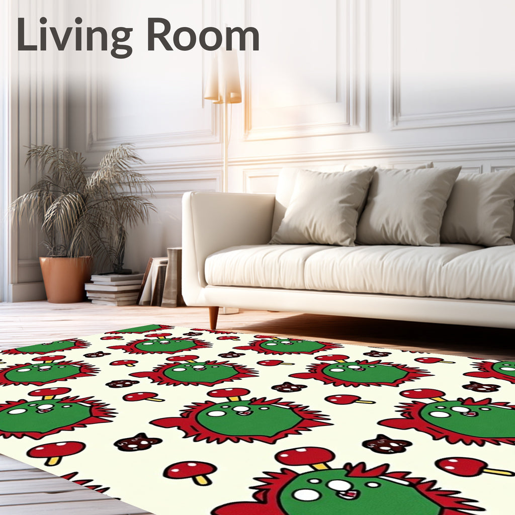 Whimsical green creatures with red mushrooms Rug