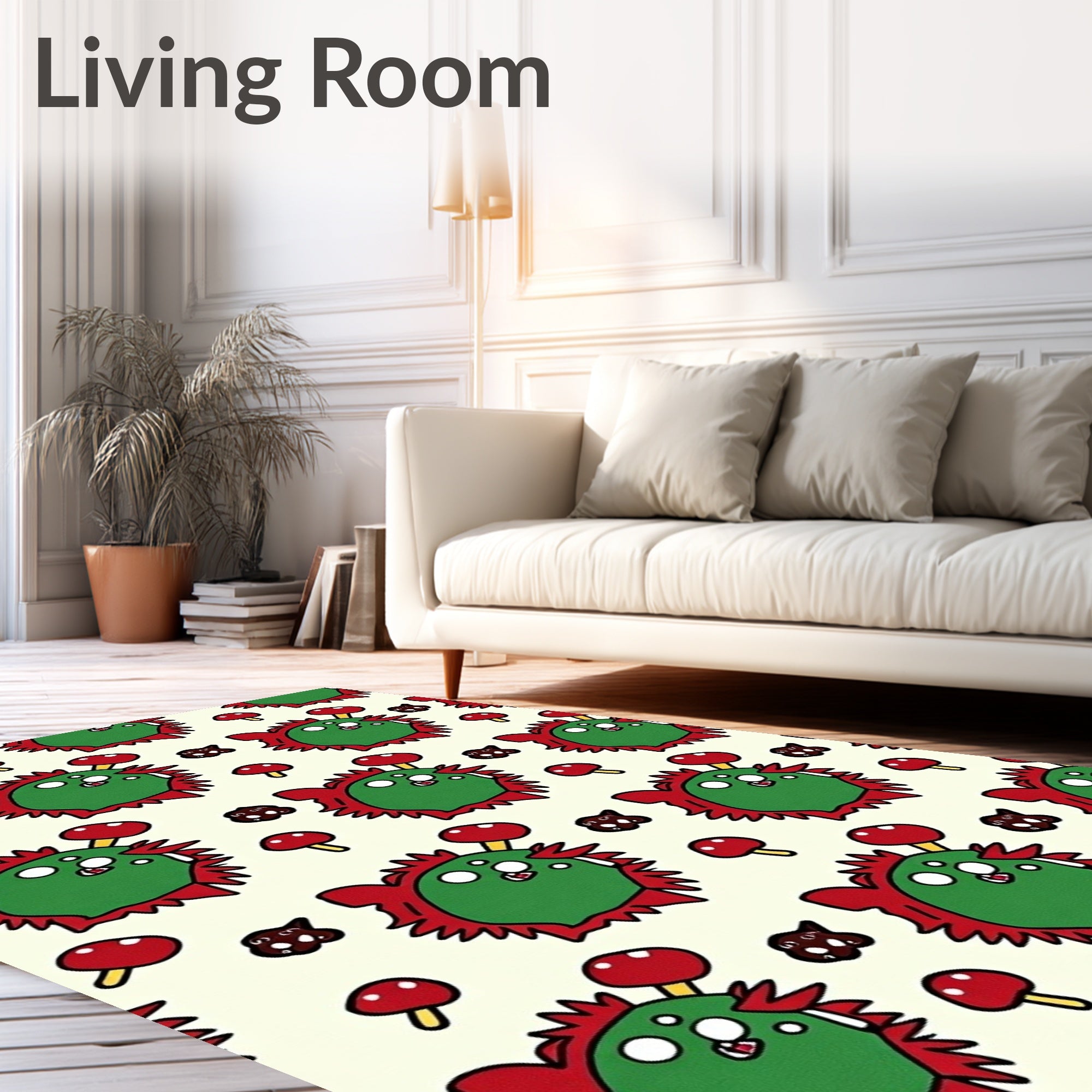 Whimsical green creatures with red mushrooms Rug