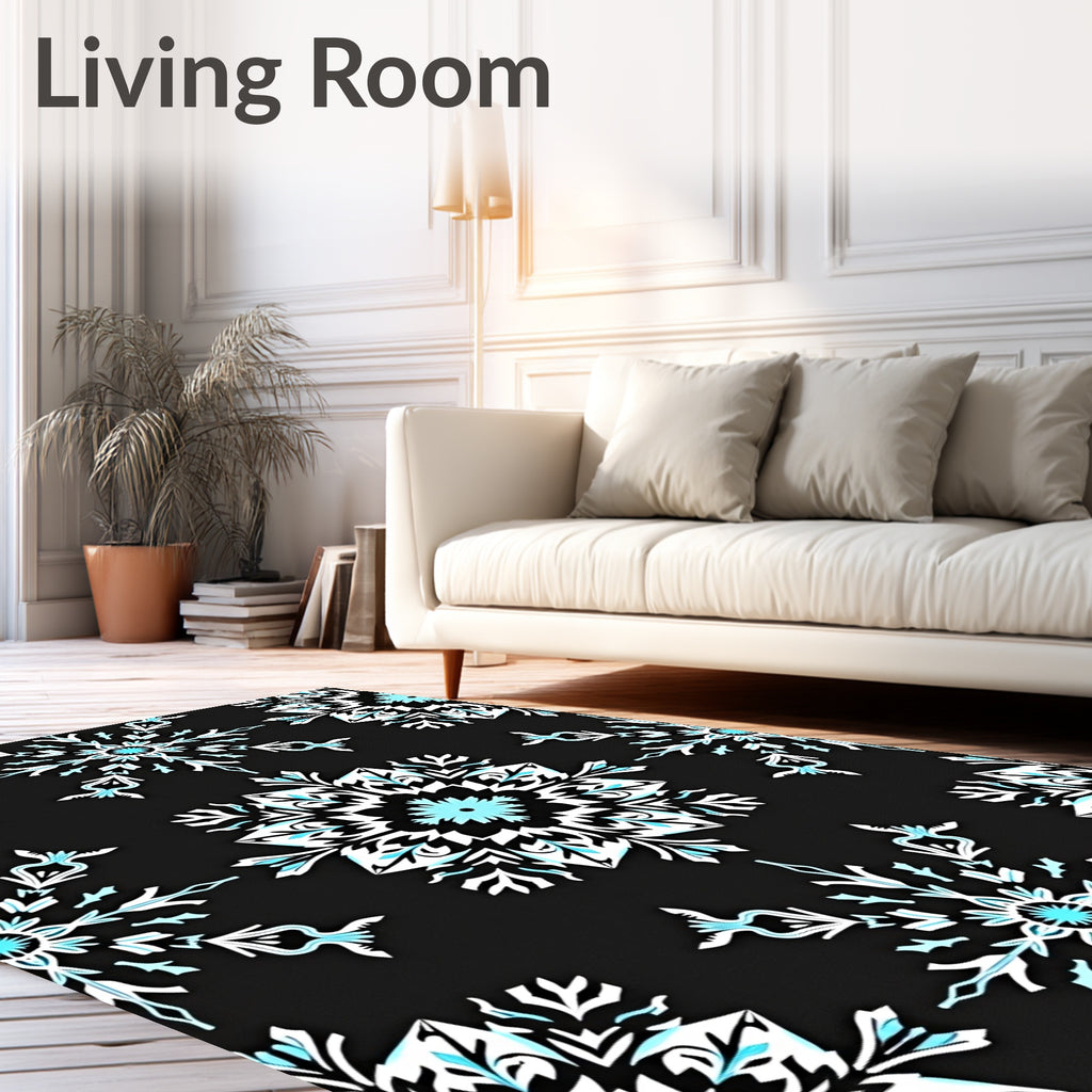 Black Snowflake Blue Abstract Rug