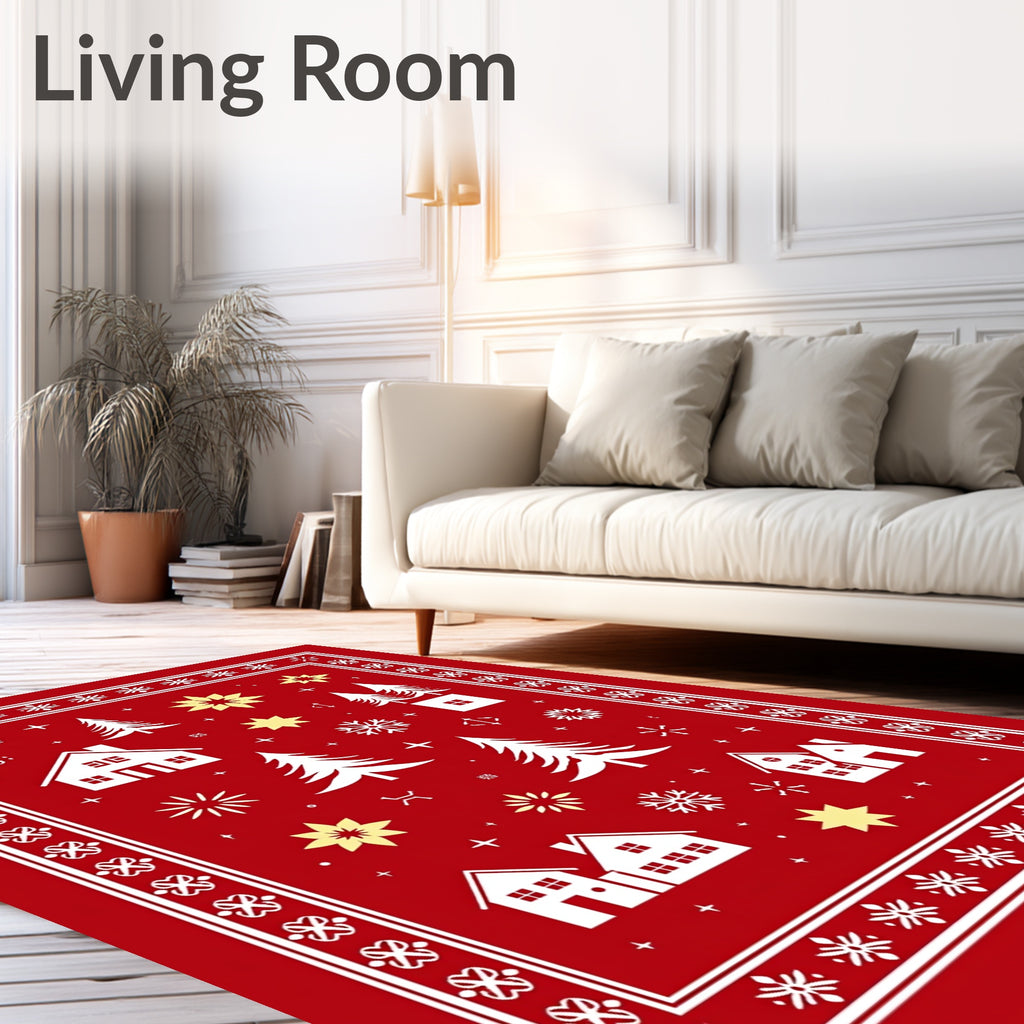 Crimson Winter Village Snowflake Trees Rug
