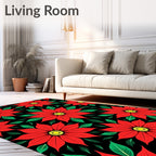 Vibrant Red Poinsettia Black Floral Rug