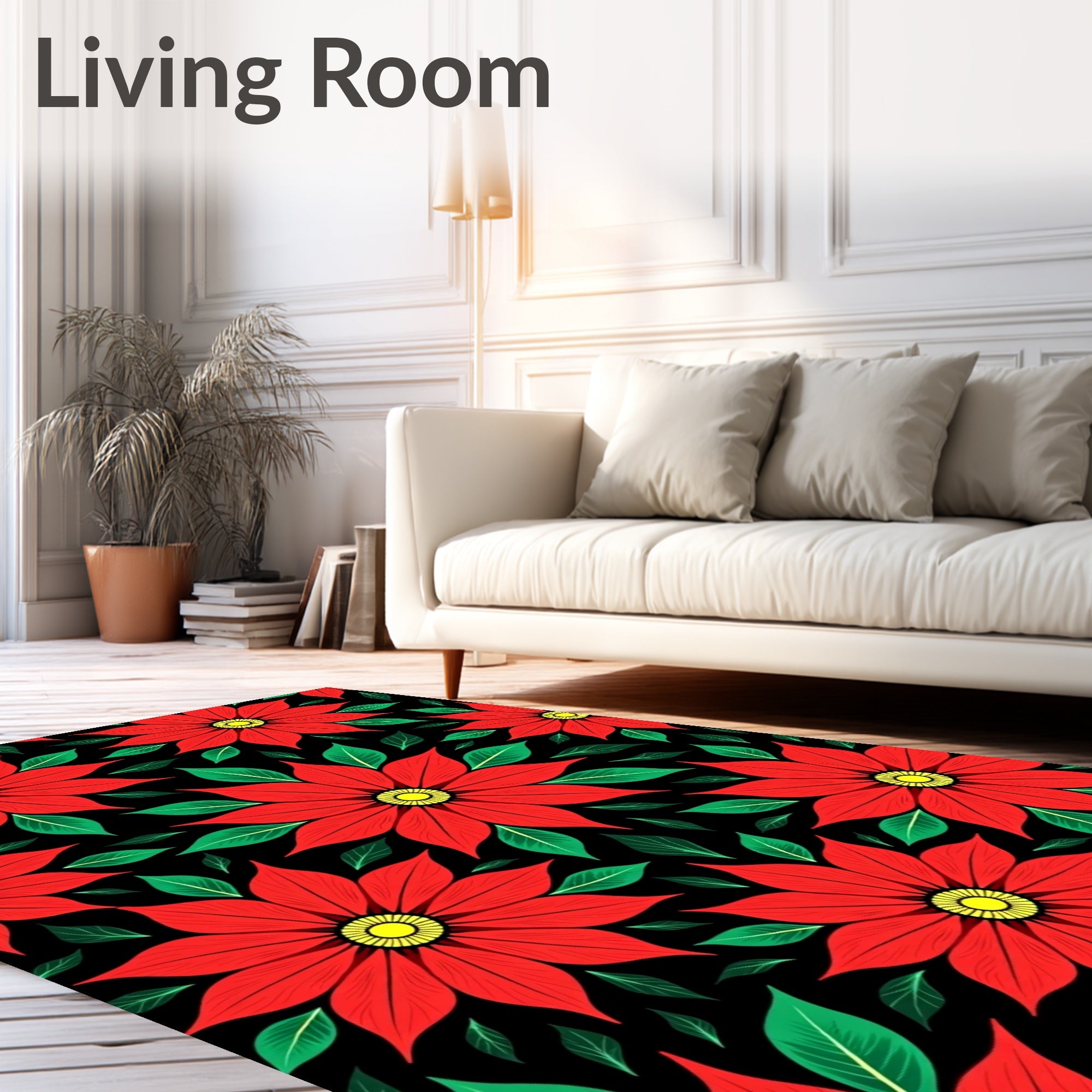 Vibrant Red Poinsettia Black Floral Rug