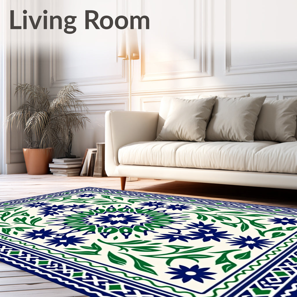 Navy Green Floral Medallion Border Rug