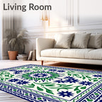 Navy Green Floral Medallion Border Rug
