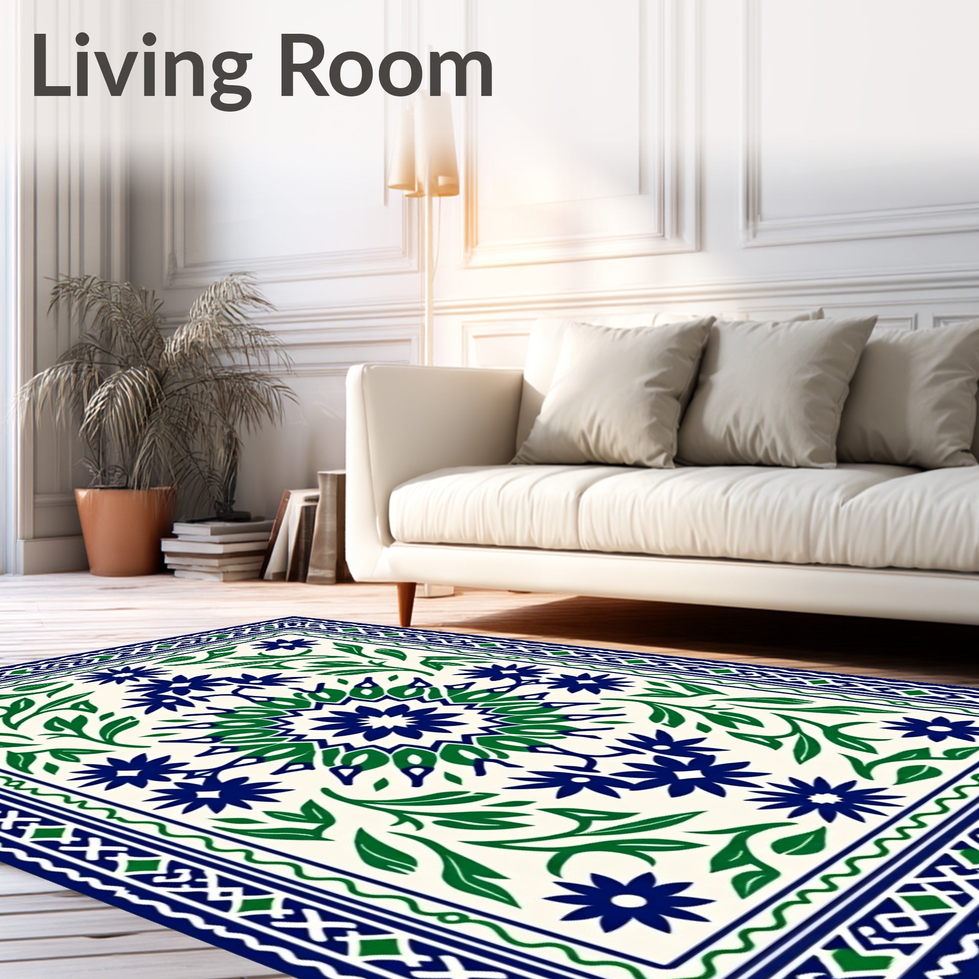 Navy Green Floral Medallion Border Rug