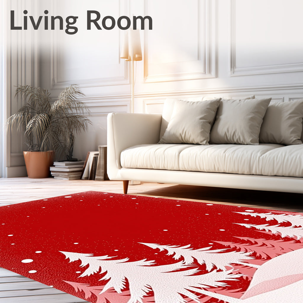 Whimsical White Forest Snowy Red Rug