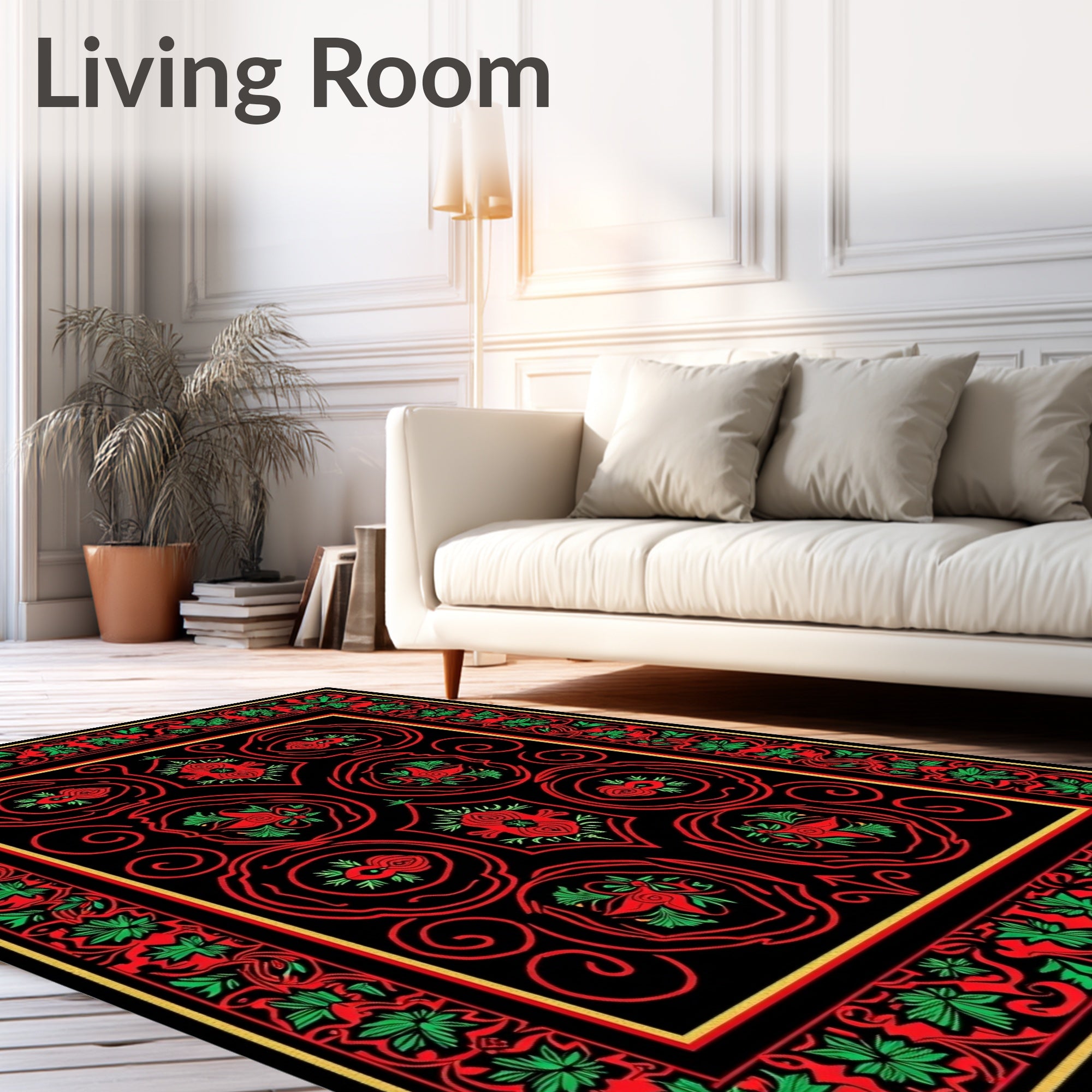 Vibrant Red Green Floral Border Rug