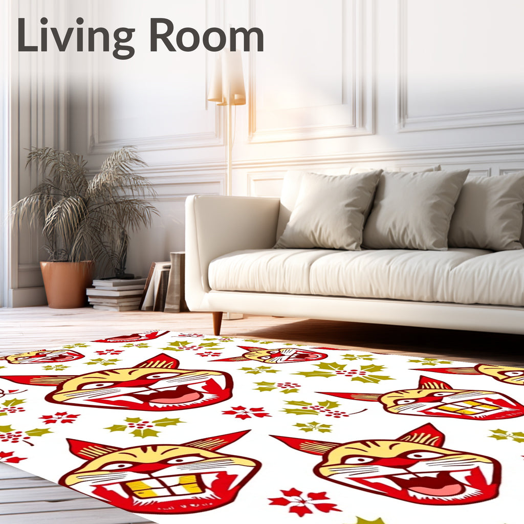Fierce Tiger Faces Red Holly Accents Rug