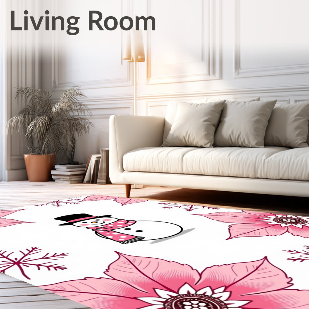 Pink Snowman Snowflake Poinsettia Border Rug