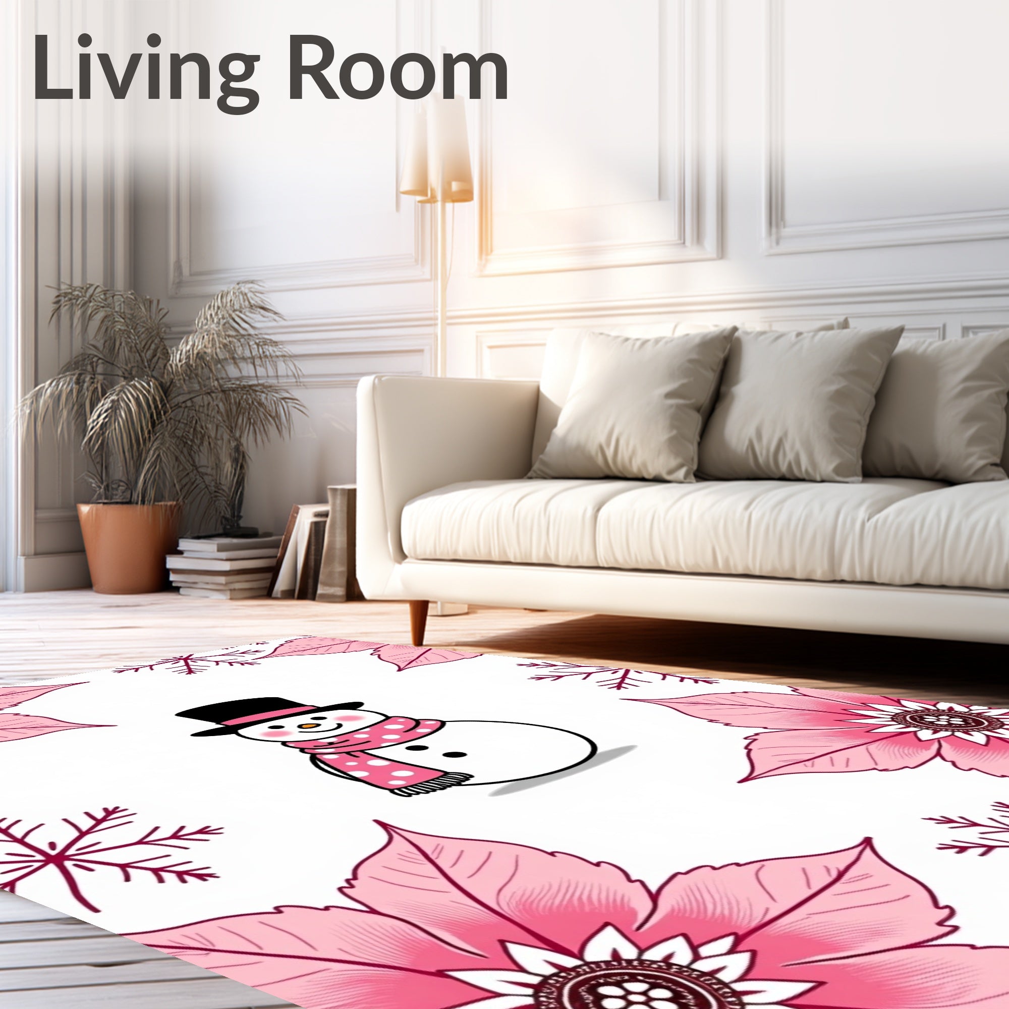 Pink Snowman Snowflake Poinsettia Border Rug