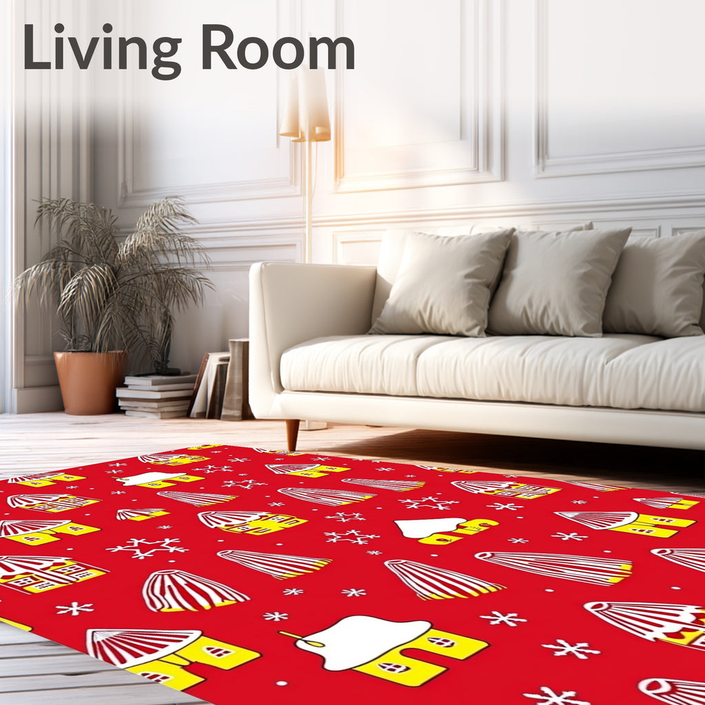Whimsical Yellow Houses Snowflakes Red Rug