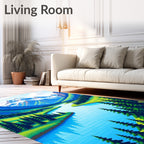 Serene Blue Mountain River Evergreen Forest Rug