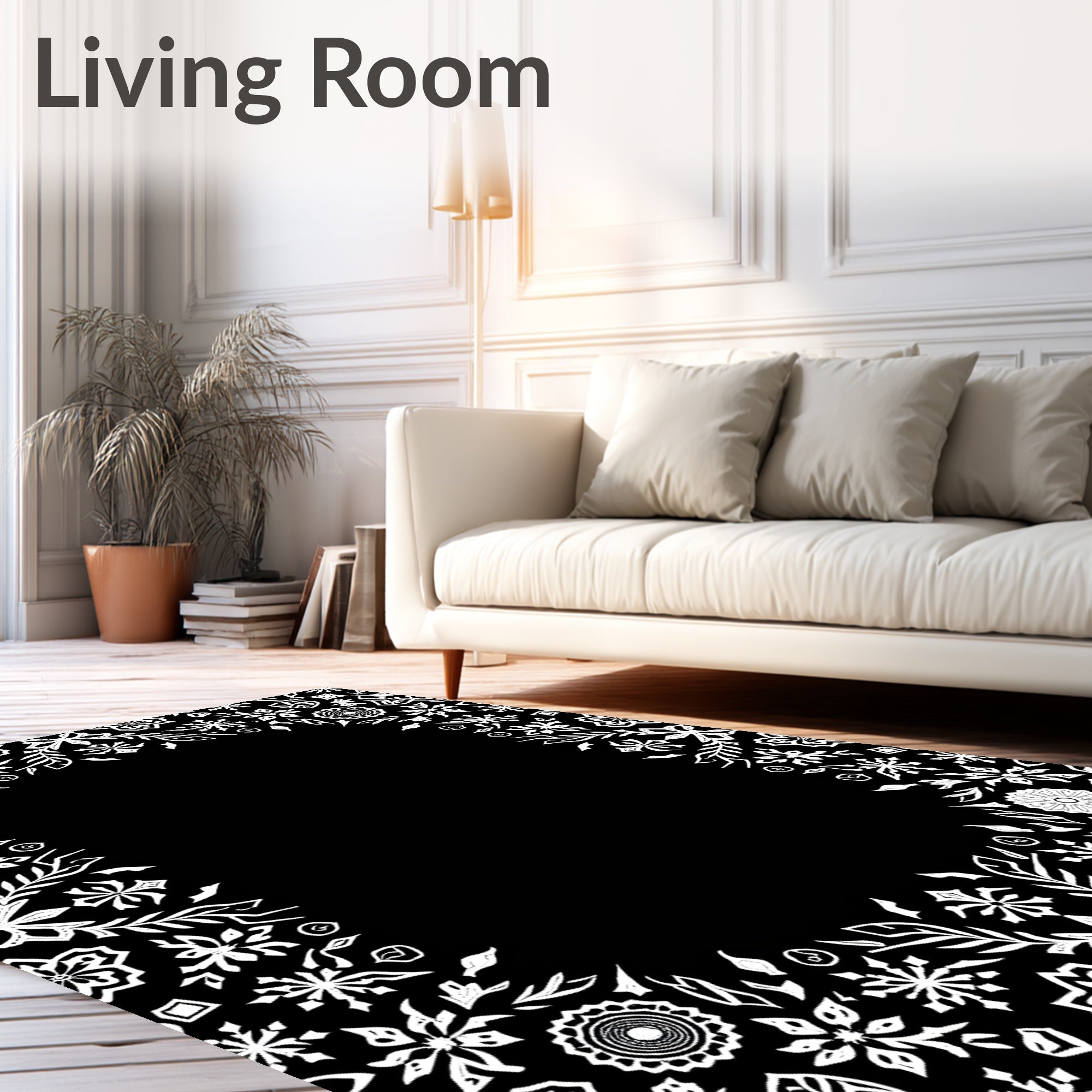 White Floral Snowflake Border Art Rug