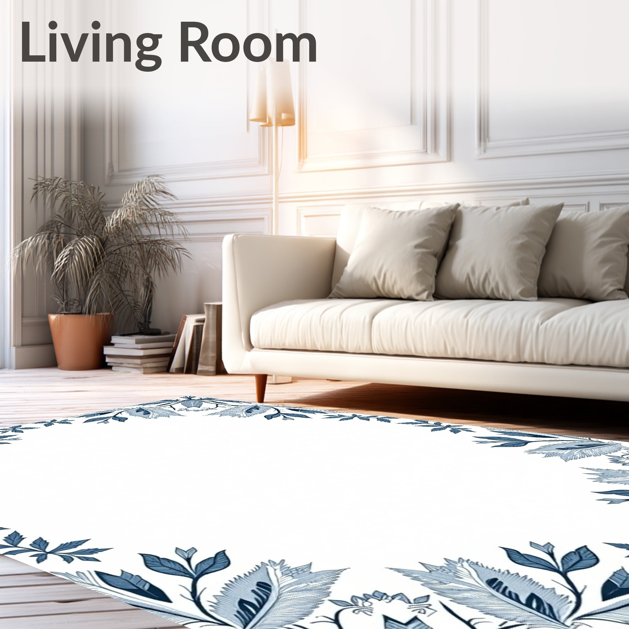 Vintage Blue Floral Leaf Border Rug