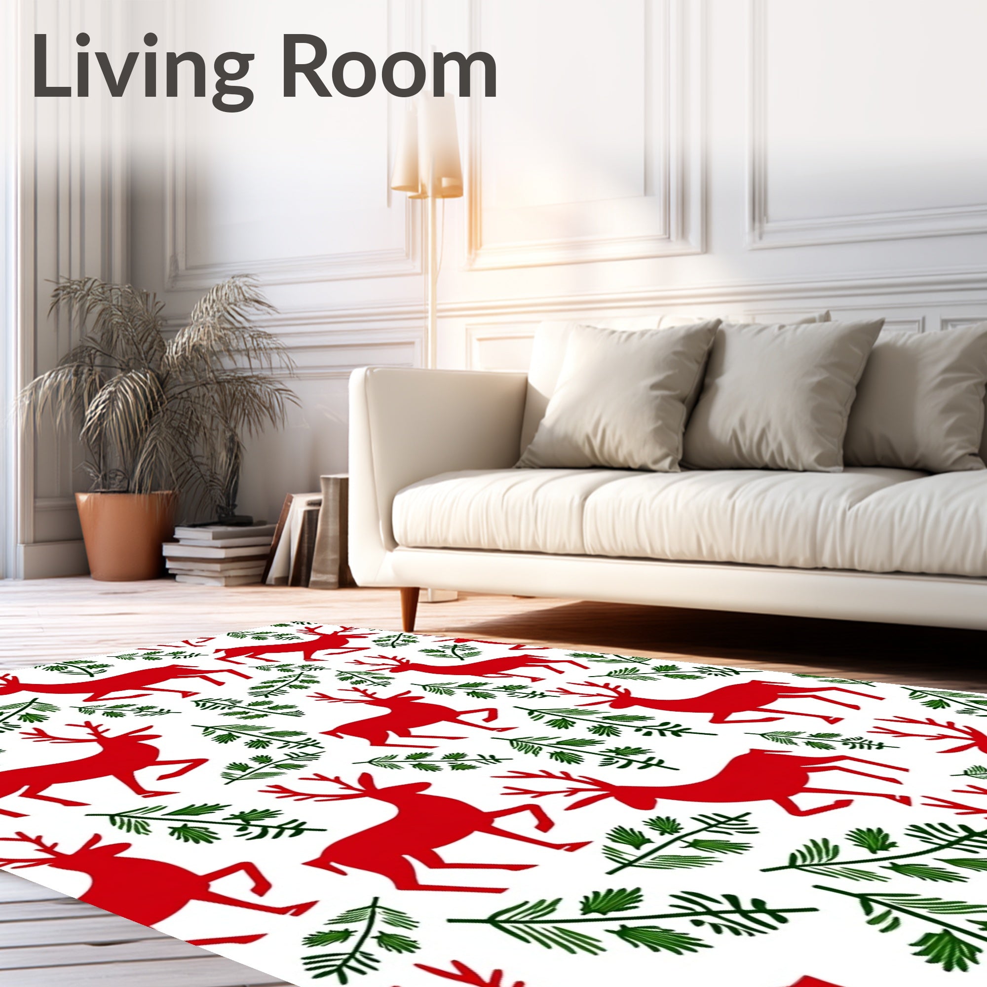Bold Red Reindeer Pine Branches Rug