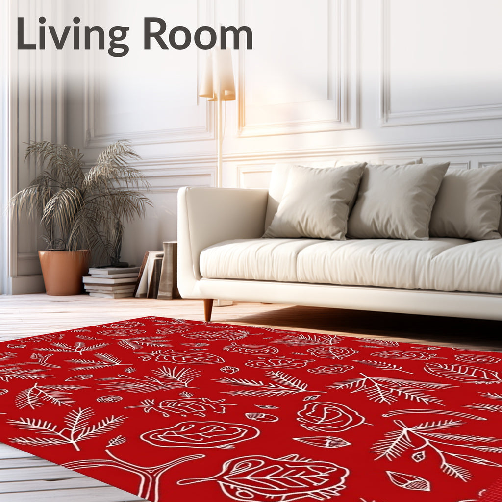 White Botanical Sketch On Red Rug