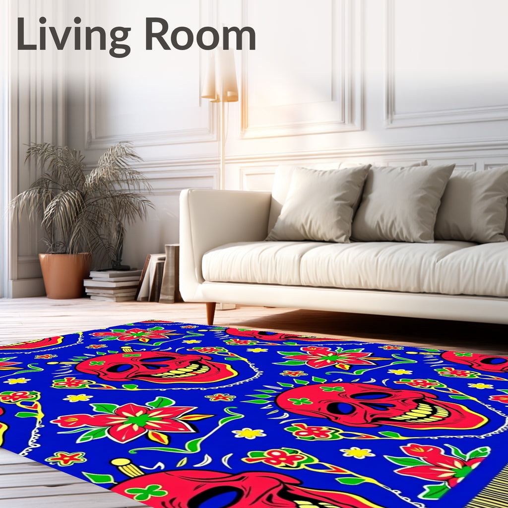 Vibrant Red Skull Blue Floral Harmony Rug