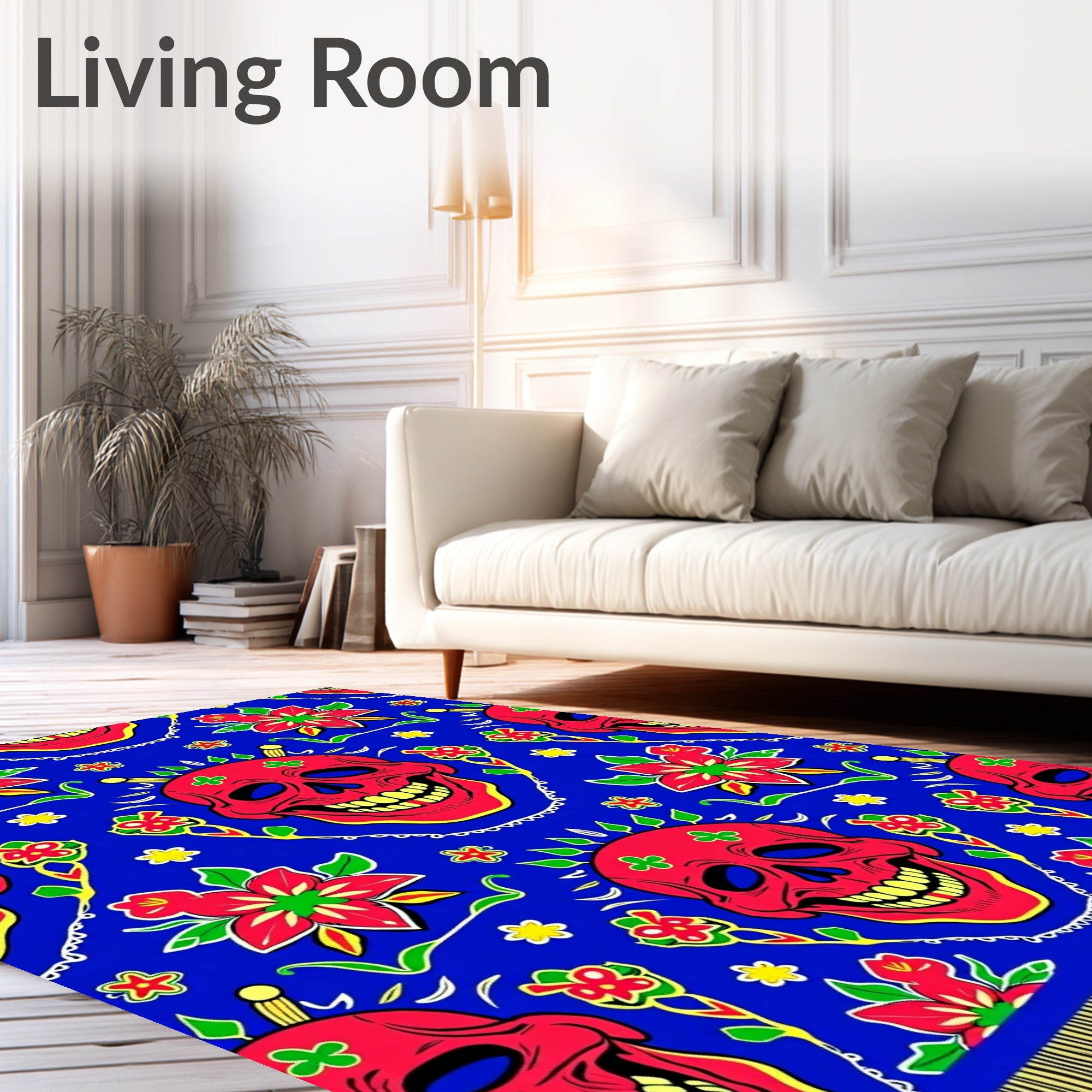 Vibrant Red Skull Blue Floral Harmony Rug