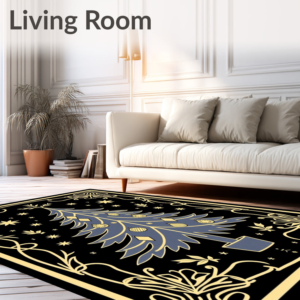 Midnight Blue Christmas Tree Ornament Border Rug