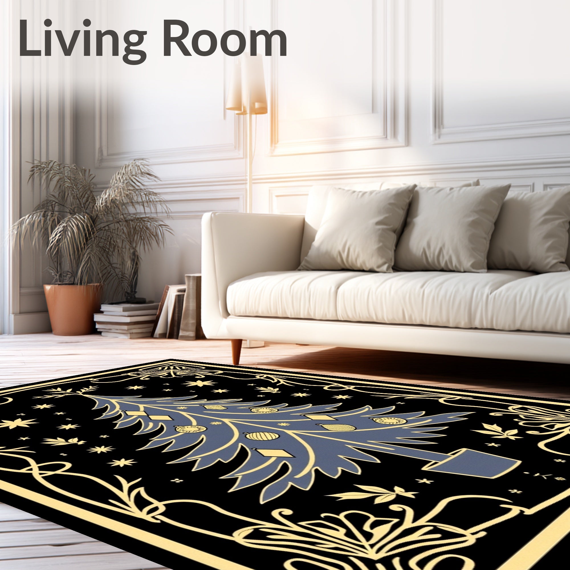 Midnight Blue Christmas Tree Ornament Border Rug