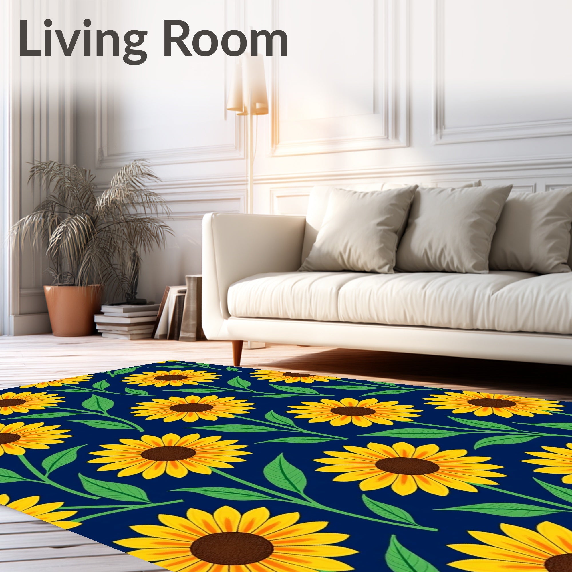 Yellow Sunflower Garden Navy Blue Rug