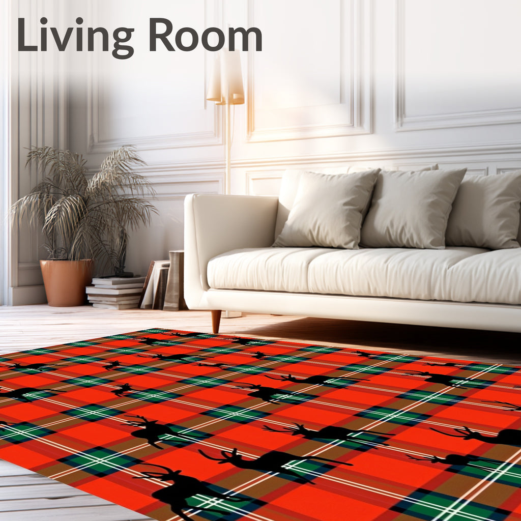 Red Green Plaid Deer Silhouette Rug