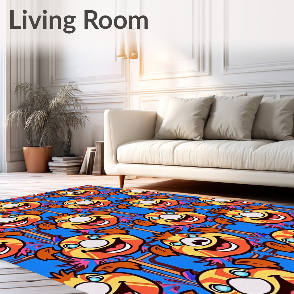 Whimsical Orange Cartoon Faces Blue Background Rug