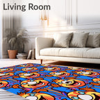 Whimsical Orange Cartoon Faces Blue Background Rug