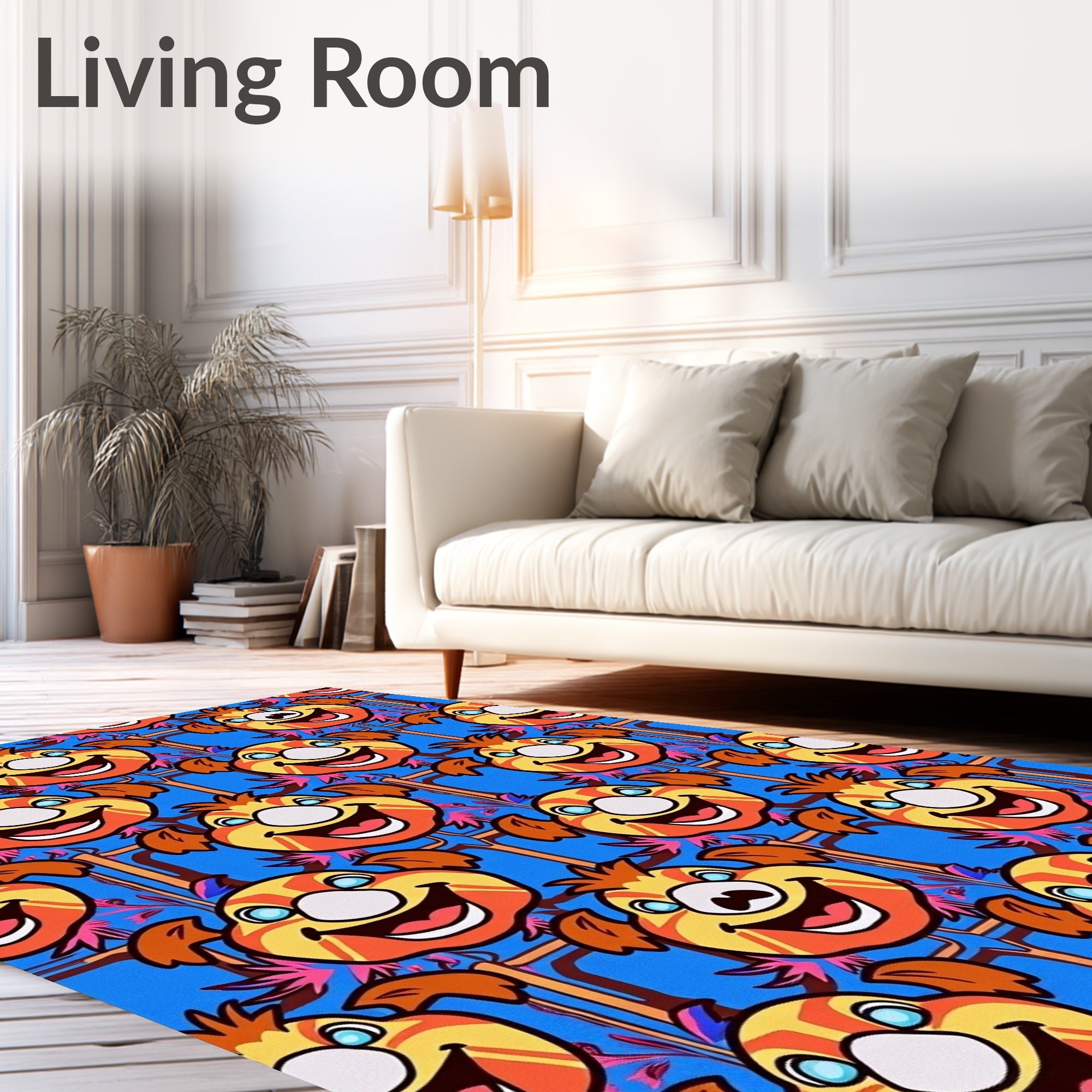 Whimsical Orange Cartoon Faces Blue Background Rug