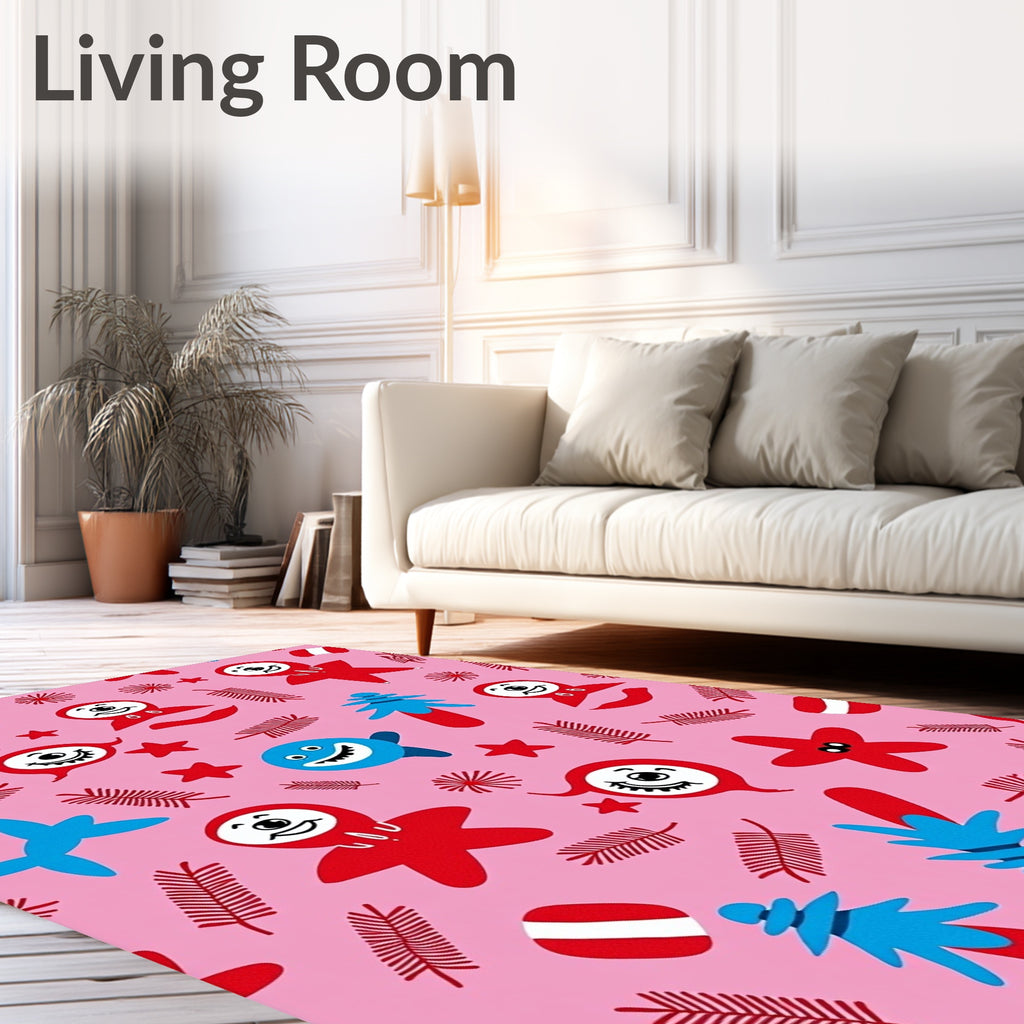Whimsical Red Blue Characters Pink Background Rug