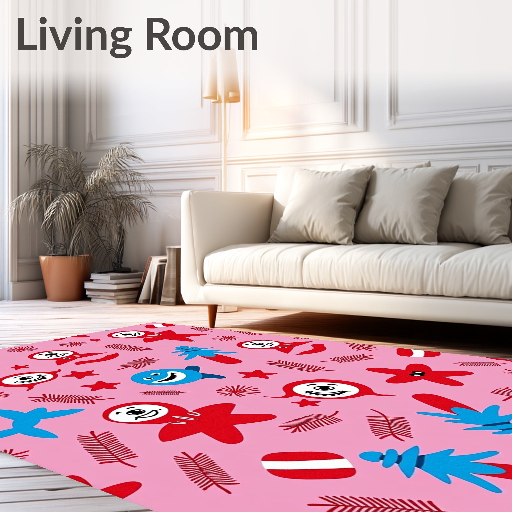 Whimsical Red Blue Characters Pink Background Rug