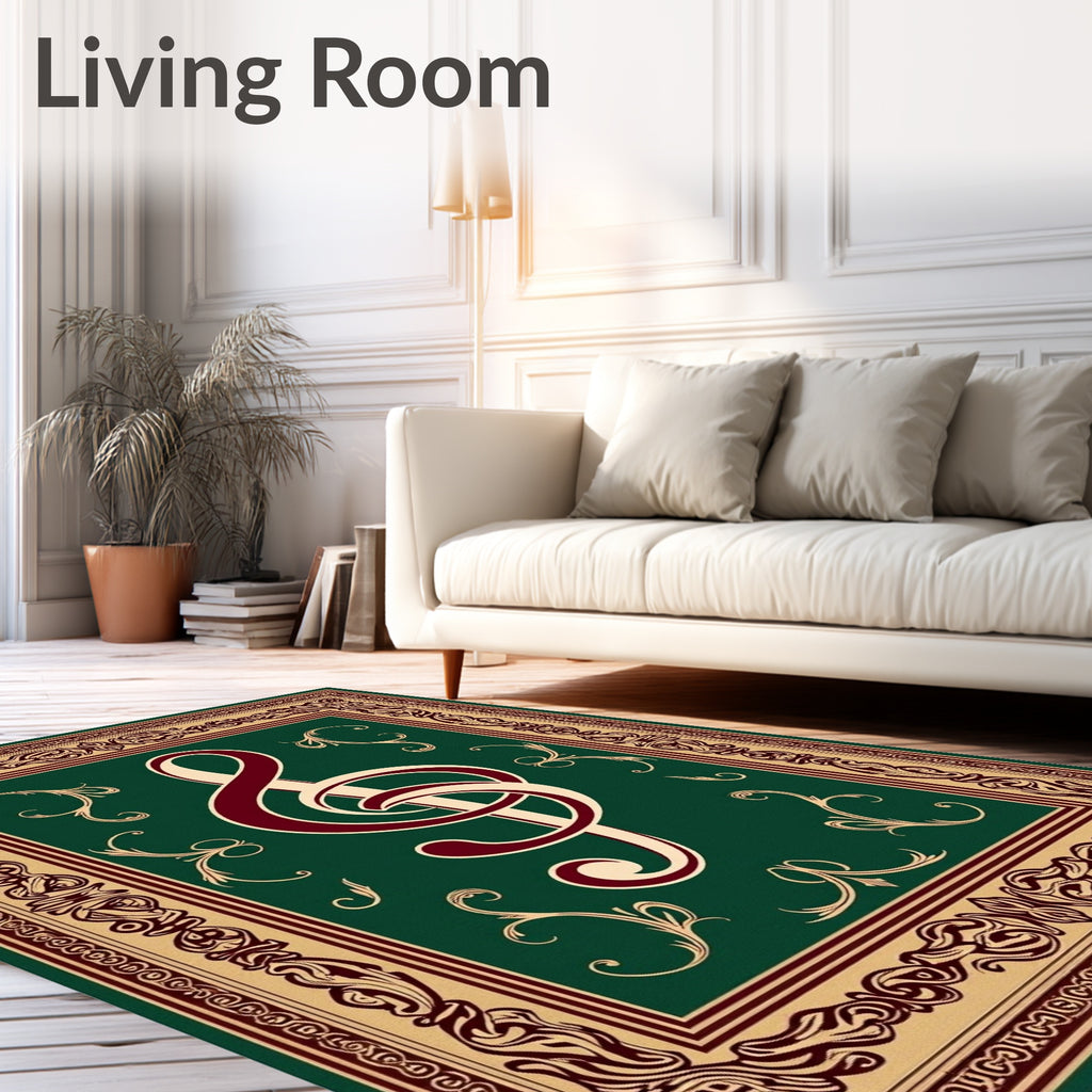Elegant Burgundy Treble Clef Emerald Border Rug