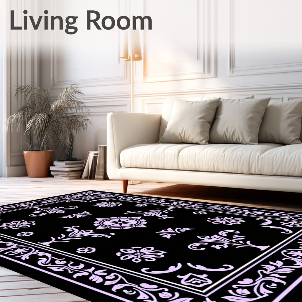 Lavendar Black Vintage Mandala Floral Rug