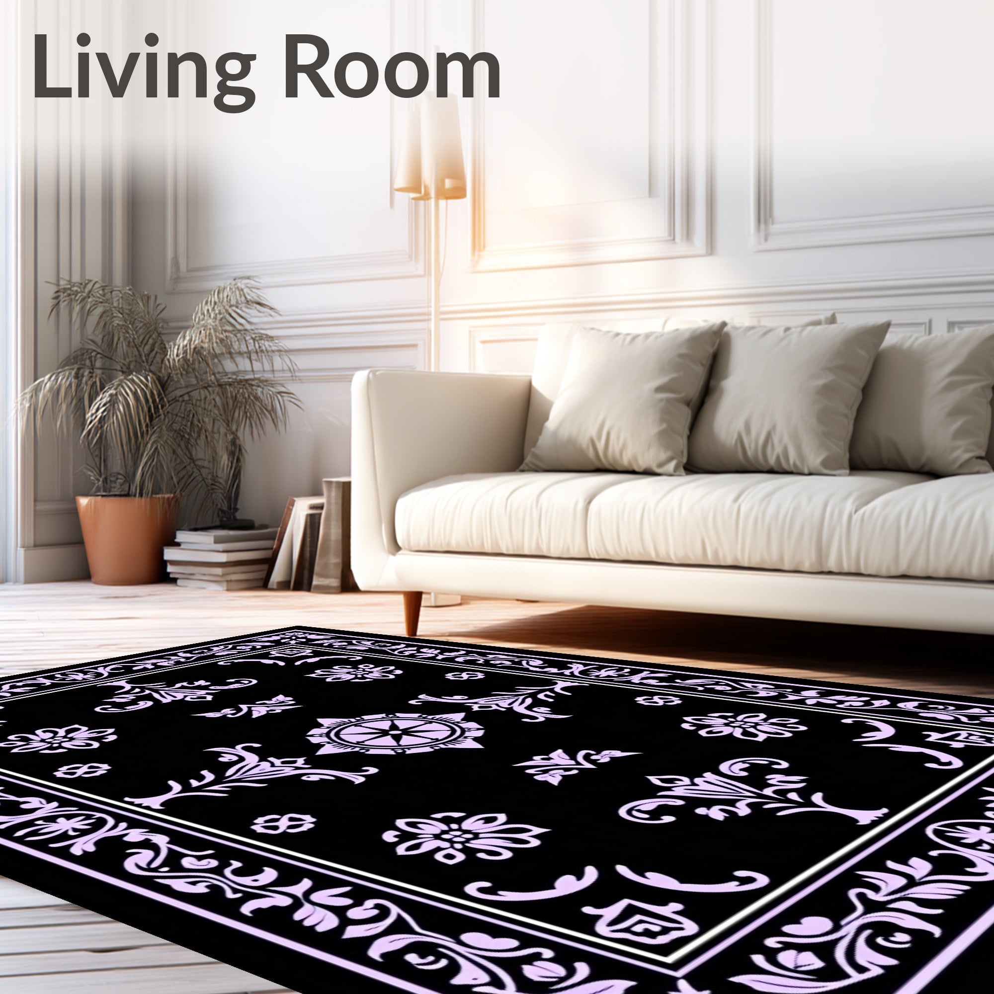 Lavendar Black Vintage Mandala Floral Rug