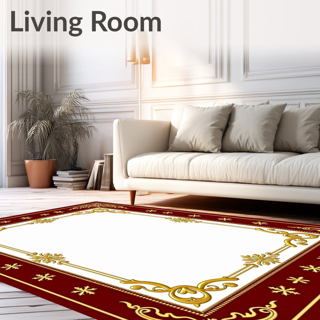 Crimson Gold Ornate Snowflake Border Rug