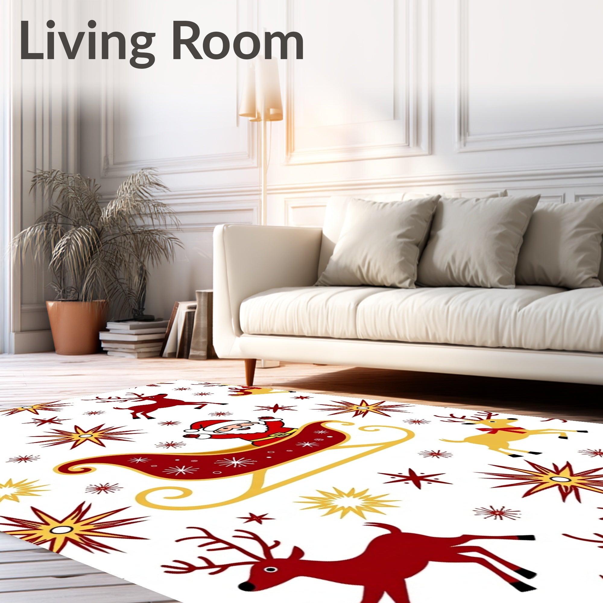 Festive Santa Sleigh Reindeer Snowflakes Rug