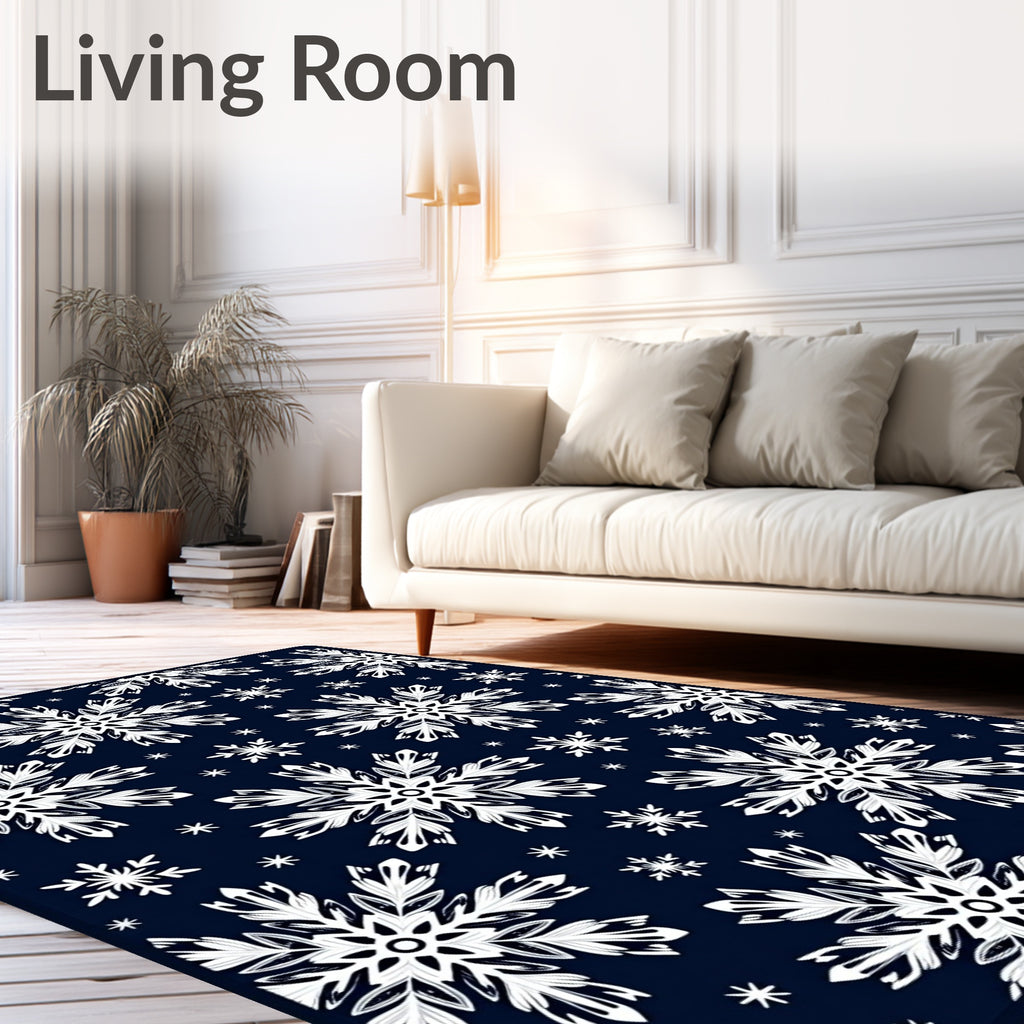 White Snowflake Navy Background Art Rug