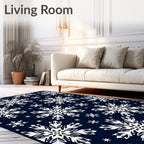 White Snowflake Navy Background Art Rug