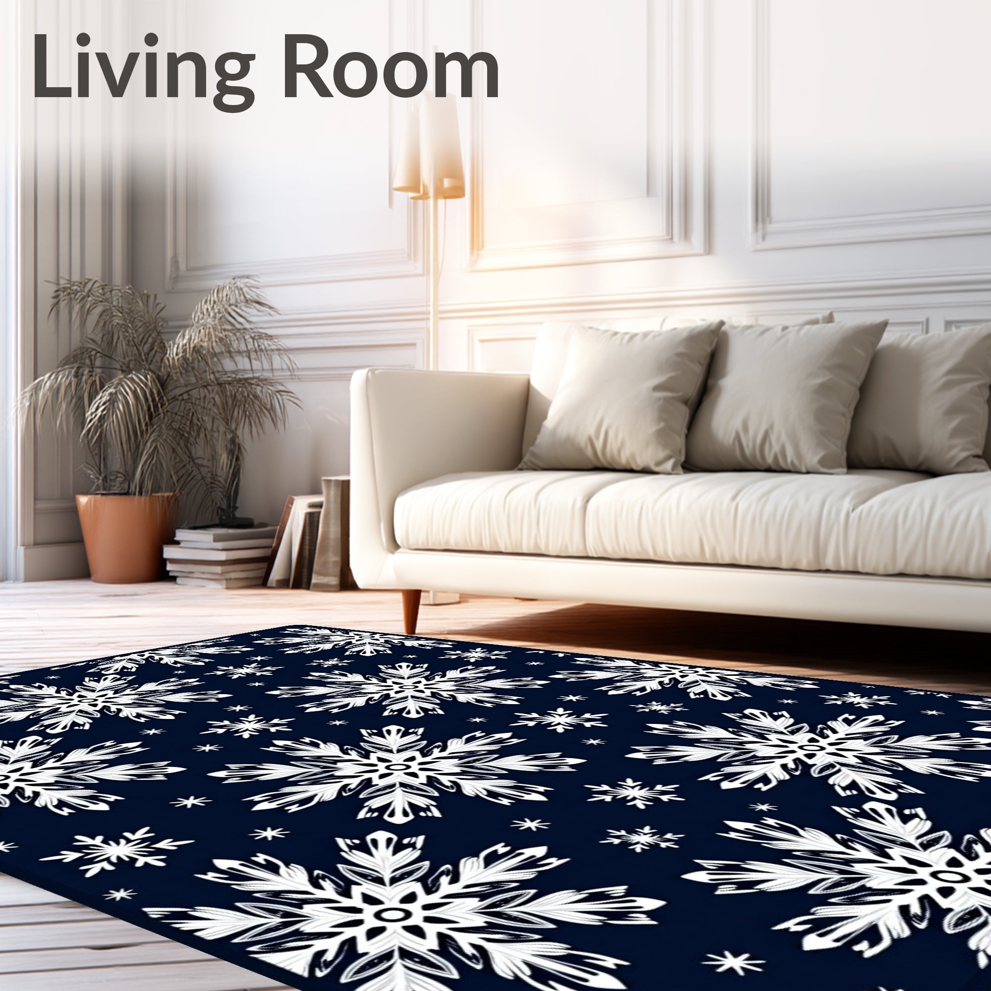 White Snowflake Navy Background Art Rug