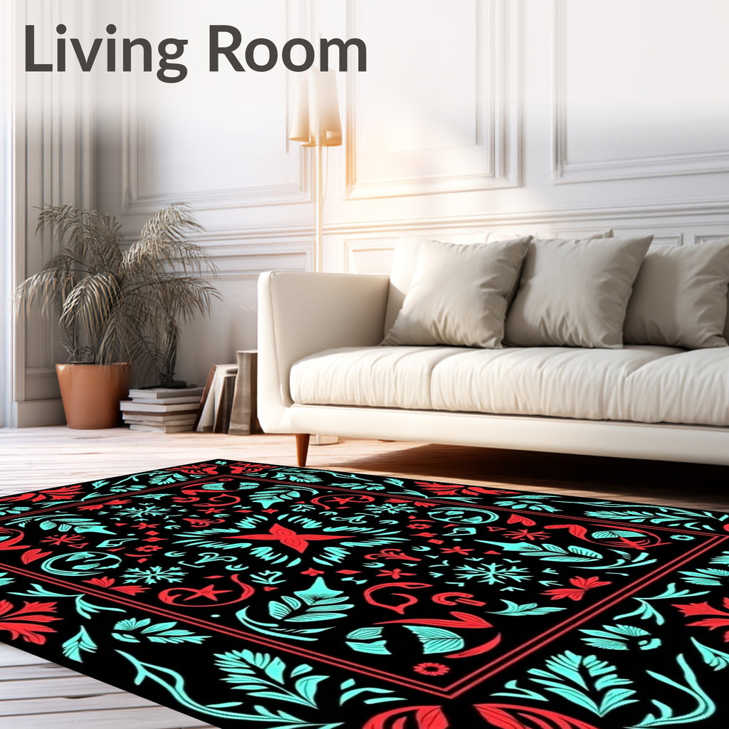 Red Turquoise Folk Floral Square Rug
