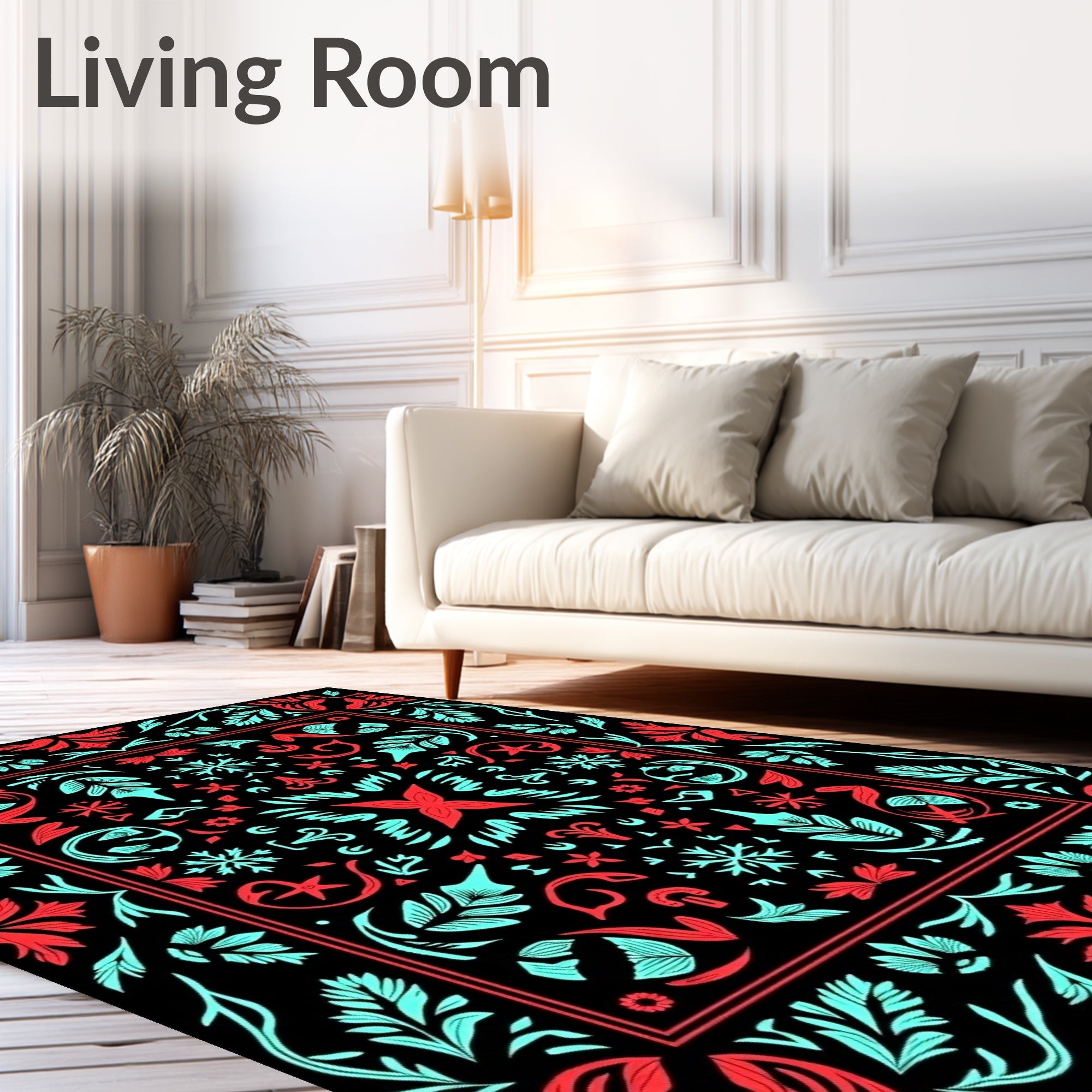 Red Turquoise Folk Floral Square Rug