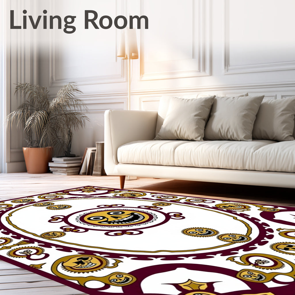 Whimsical Gold Sun Faces Burgundy Frame Rug