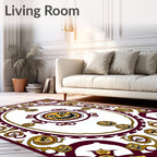 Whimsical Gold Sun Faces Burgundy Frame Rug