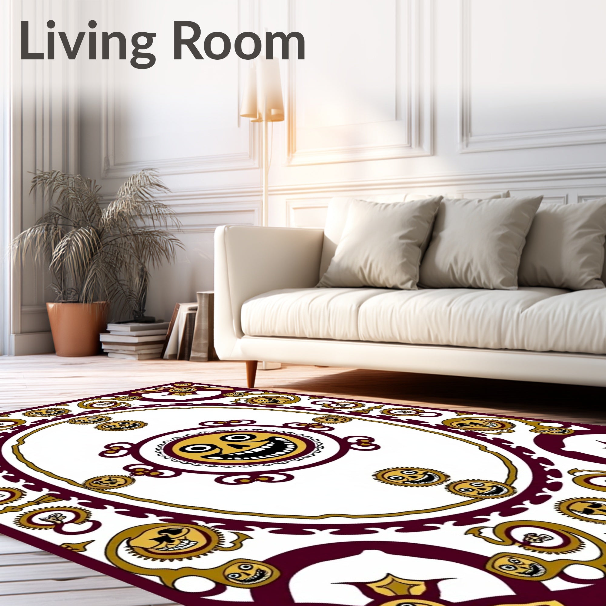 Whimsical Gold Sun Faces Burgundy Frame Rug