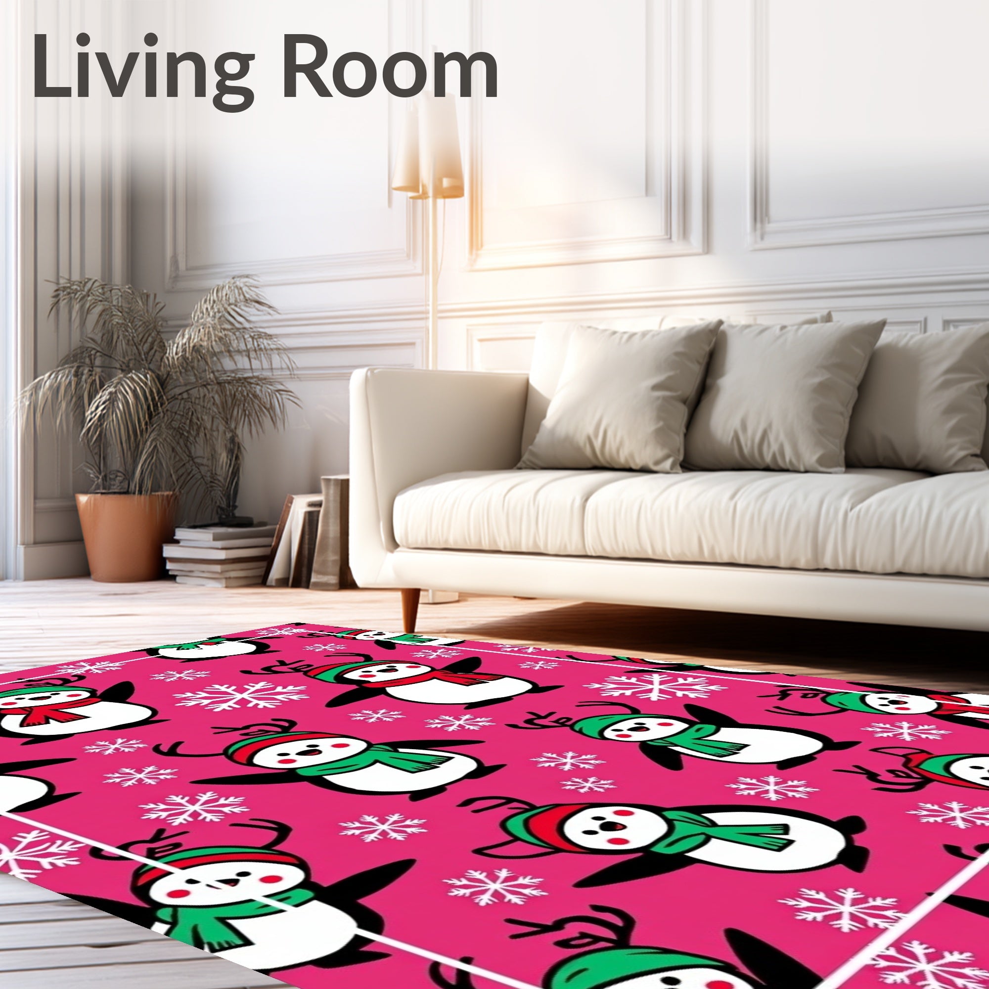 Whimsical Pink Penguin Snowflake Toss Rug